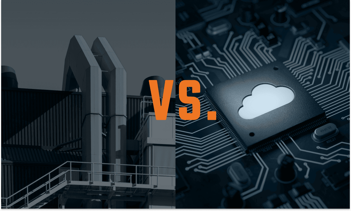 Split image contrasting a manufacturing facility on the left and a cloud computing microchip on the right, with "VS." in orange text in the center, representing manufacturing vs. SaaS marketing differences