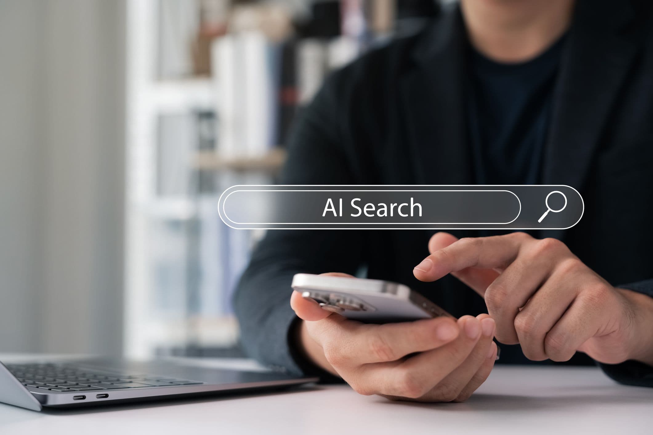 Man using smartphone with AI search bar overlay