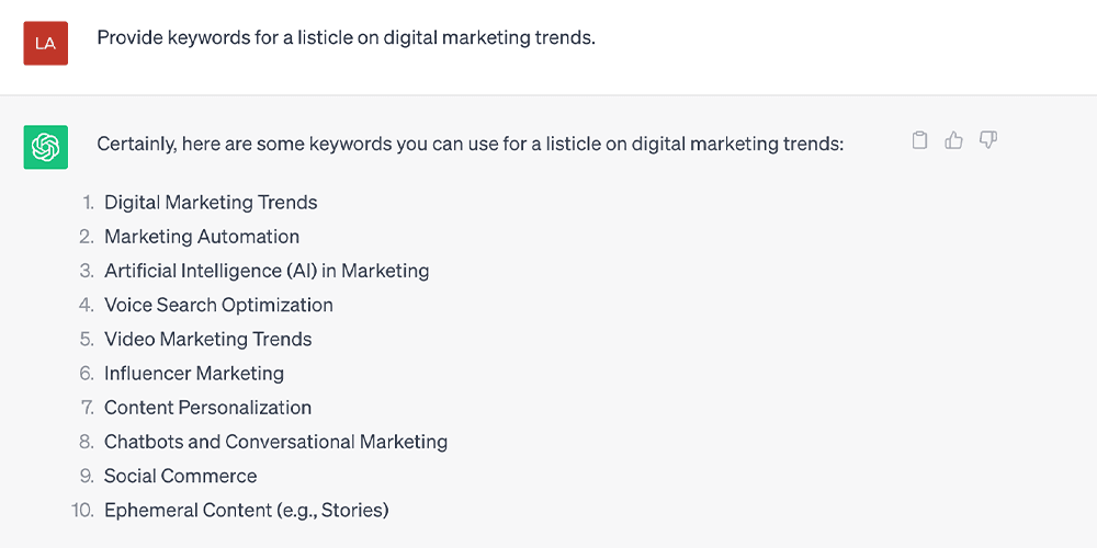 ChatGPT Prompts for SEO Example