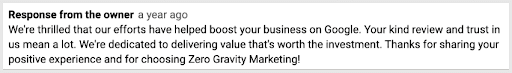 Response to Google Business Review