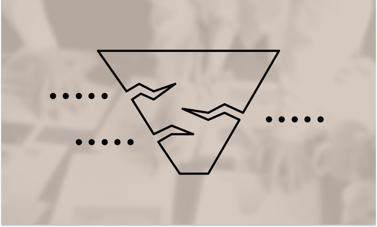 Illustration of a cracked and leaking sales funnel with dots representing lost leads escaping through the gaps, symbolizing hidden revenue leaks in a B2B funnel