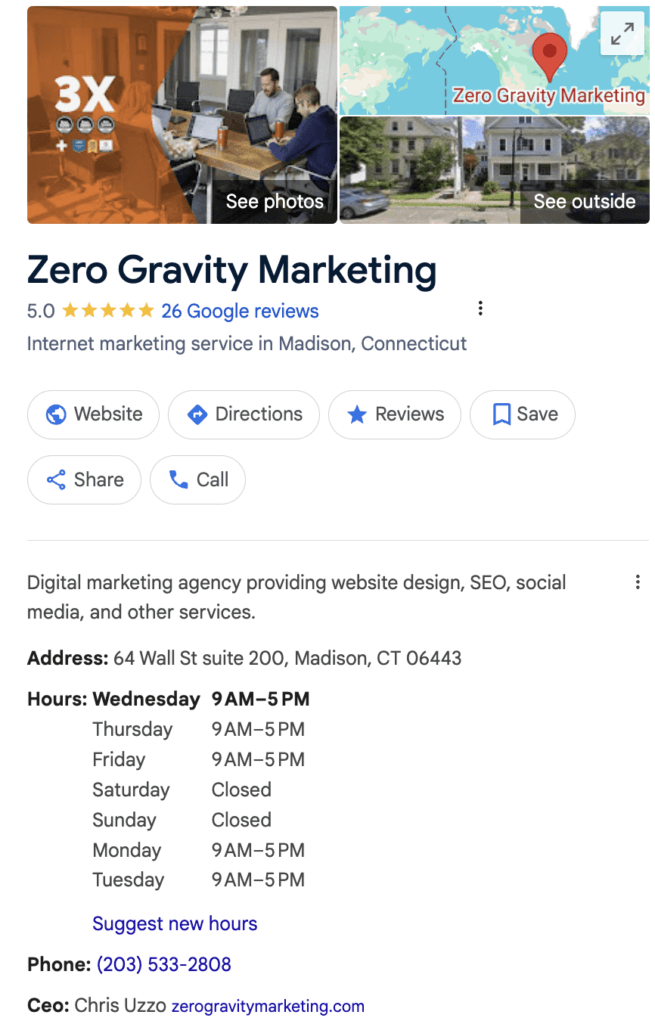 Zero Gravity Marketing Google Business Profile page
