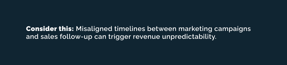 Pull quote graphic reading: "Consider this: Misaligned timelines between marketing campaigns and sales follow-up can trigger revenue unpredictability."