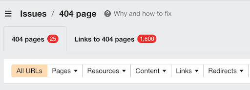 Ahrefs 404 errors report