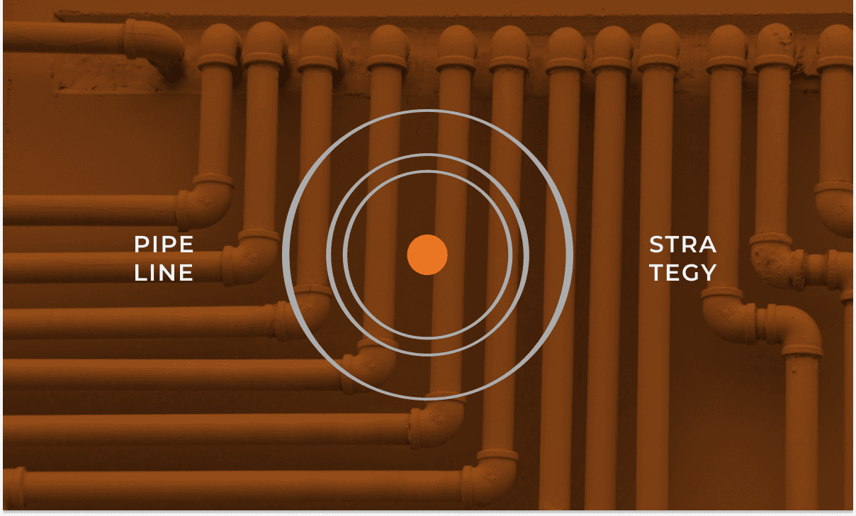Overhead view of industrial pipes with a bullseye target graphic overlaid, representing pipeline strategy and focus