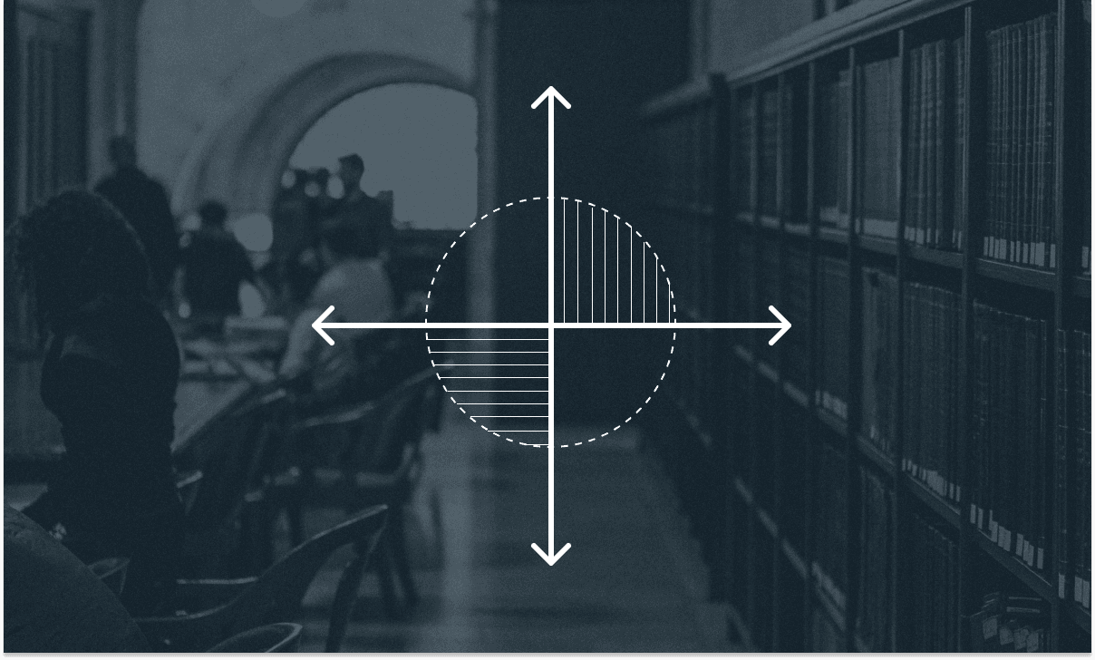 University library scene with students and overlay graphic representing data-driven higher education marketing strategy