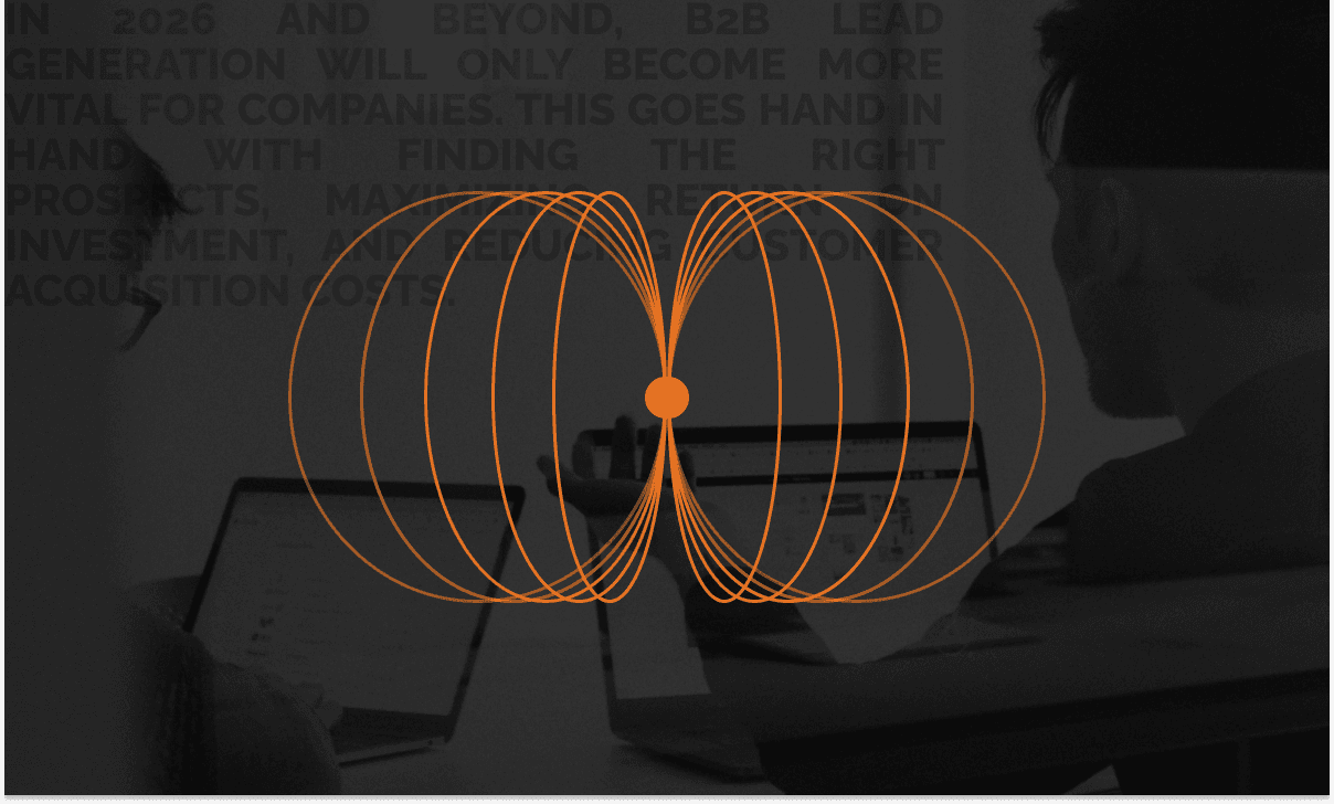 B2B marketing team reviewing analytics dashboards with orbit-style graphic representing a connected lead generation strategy