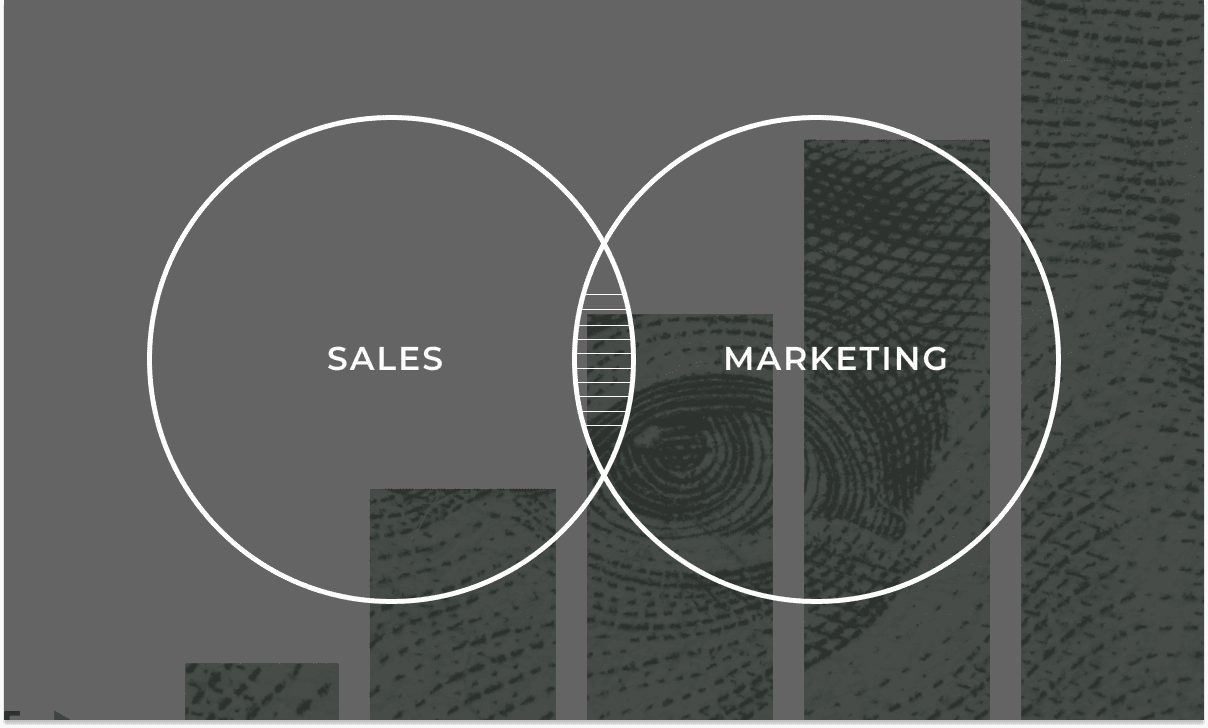 Venn diagram showing Sales and Marketing circles with minimal overlap, set against a bar chart and dollar bill background, representing revenue alignment gaps
