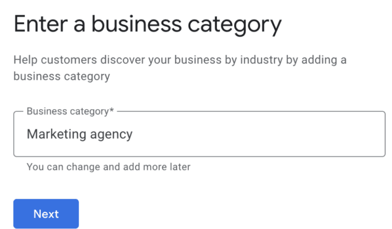 Entering a business category on Google Business Profile