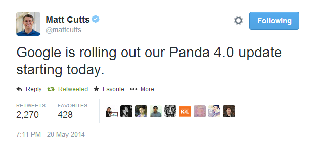 Matt Cutts announces Panda 4.0 on Twitter