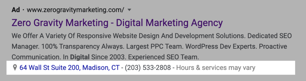 google ads location & call extension on desktop